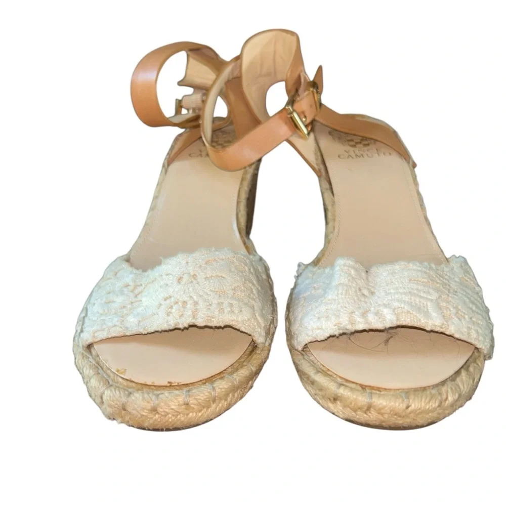 Vince Camuto Tesa Espadrille Wedge Sandals Cream Lace Leather Ankle Strap 9‎ 39